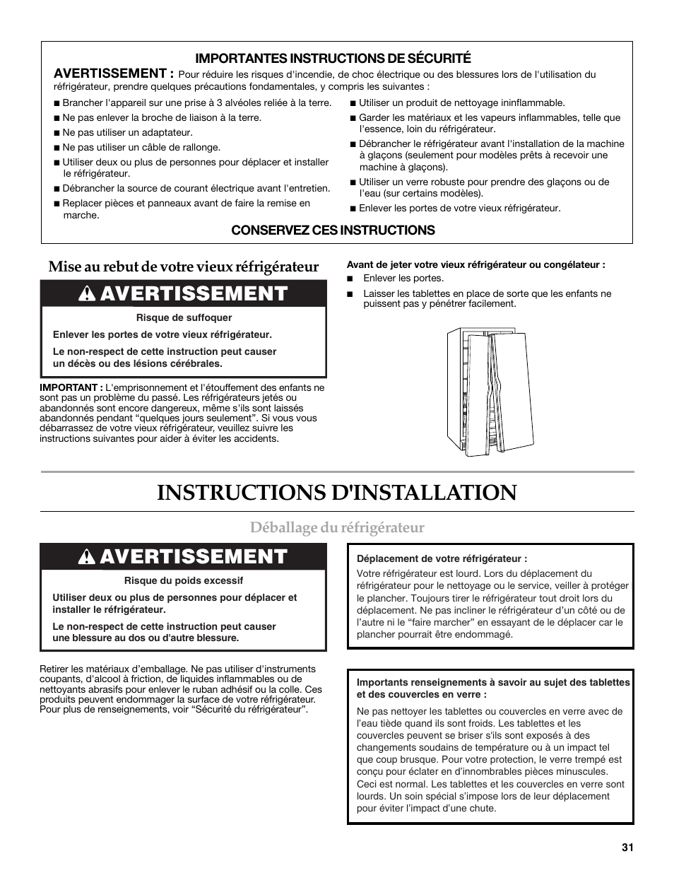 Instructions d'installation, Déballage du réfrigérateur, Mise au rebut de votre vieux réfrigérateur | Avertissement | KITCHENAID 2308392 User Manual | Page 31 / 44