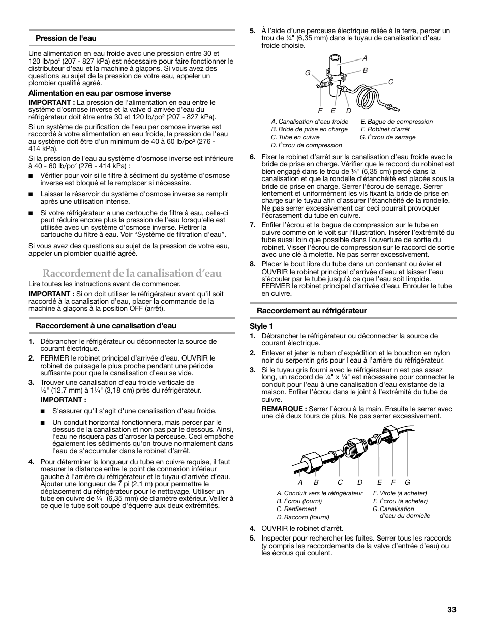Raccordement de la canalisation d’eau | KITCHENAID 2308392 User Manual | Page 33 / 44