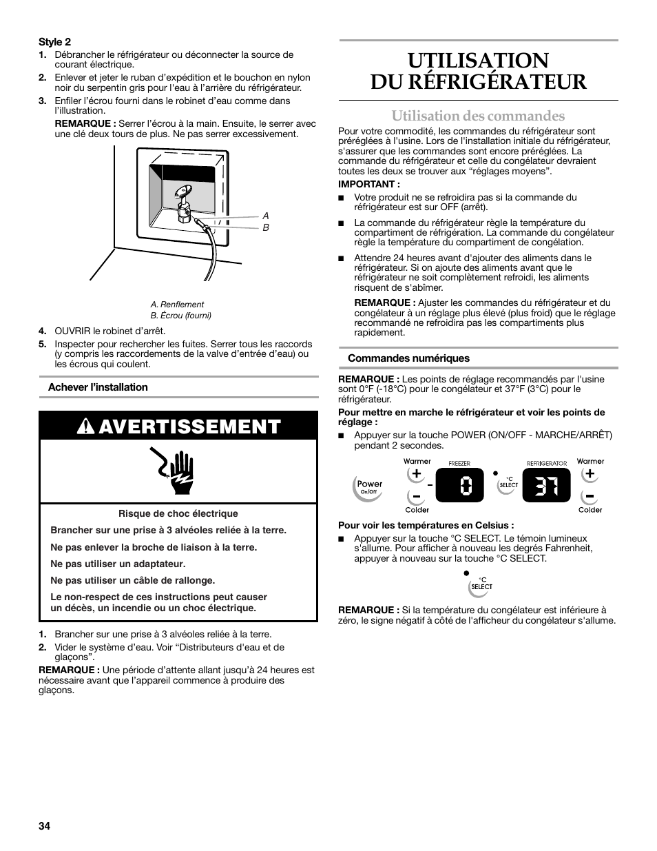 Utilisation du refrigerateur, Utilisation du réfrigérateur, Avertissement | Utilisation des commandes | KITCHENAID 2308392 User Manual | Page 34 / 44