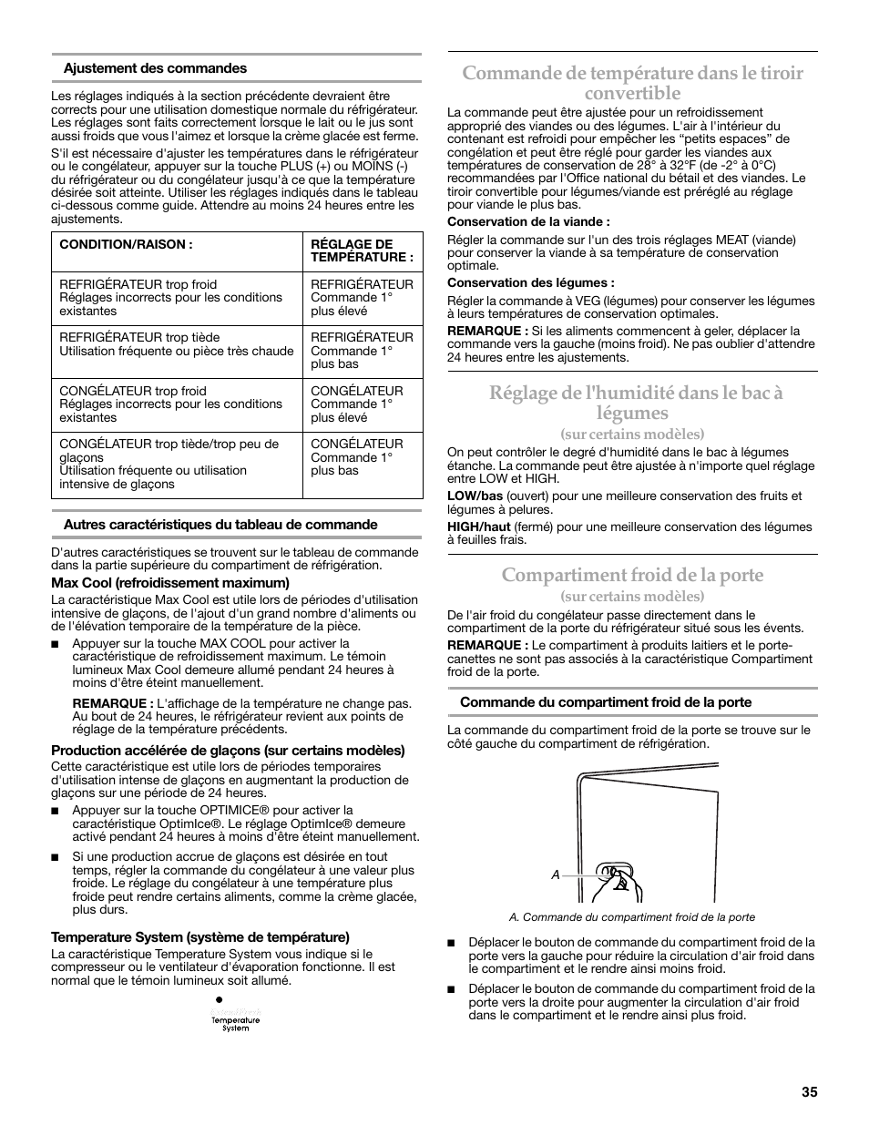 Commande de température dans le tiroir convertible, Réglage de l'humidité dans le bac à légumes, Compartiment froid de la porte | KITCHENAID 2308392 User Manual | Page 35 / 44