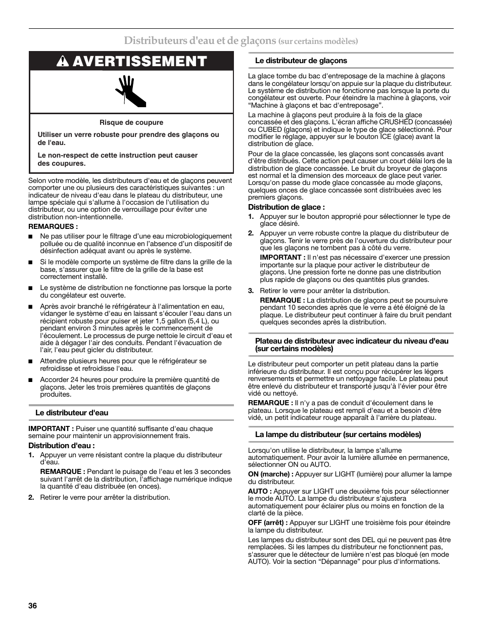 Avertissement, Distributeurs d'eau et de glaçons | KITCHENAID 2308392 User Manual | Page 36 / 44