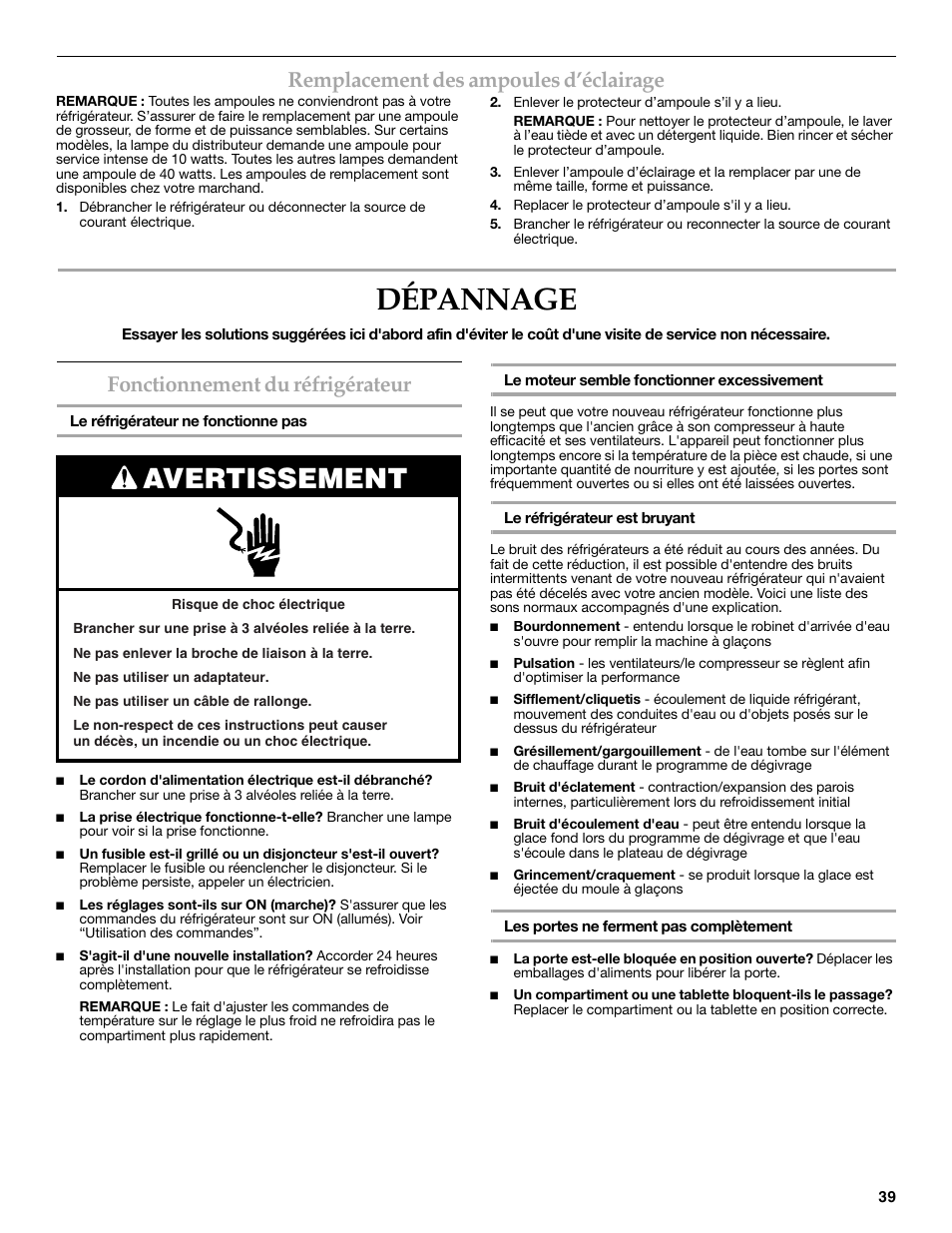 Dépannage, Avertissement, Remplacement des ampoules d’éclairage | Fonctionnement du réfrigérateur | KITCHENAID 2308392 User Manual | Page 39 / 44