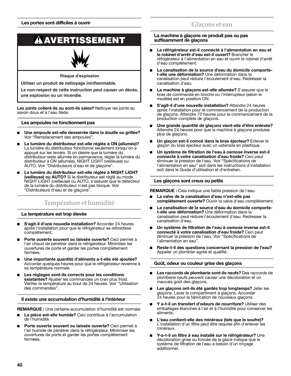 Avertissement, Température et humidité, Glaçons et eau | KITCHENAID 2308392 User Manual | Page 40 / 44