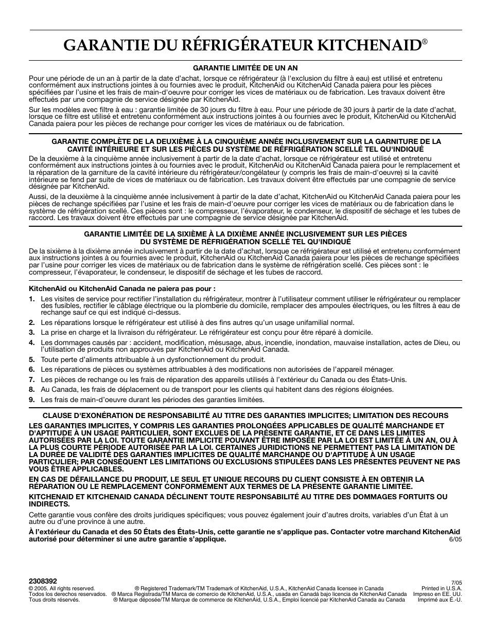 Garantie, Garantie du réfrigérateur kitchenaid | KITCHENAID 2308392 User Manual | Page 44 / 44