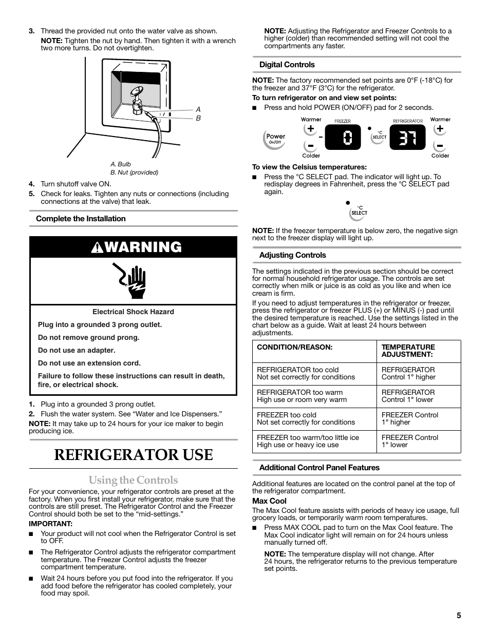 Refrigerator use, Using the controls, Warning | KITCHENAID 2308392 User Manual | Page 5 / 44