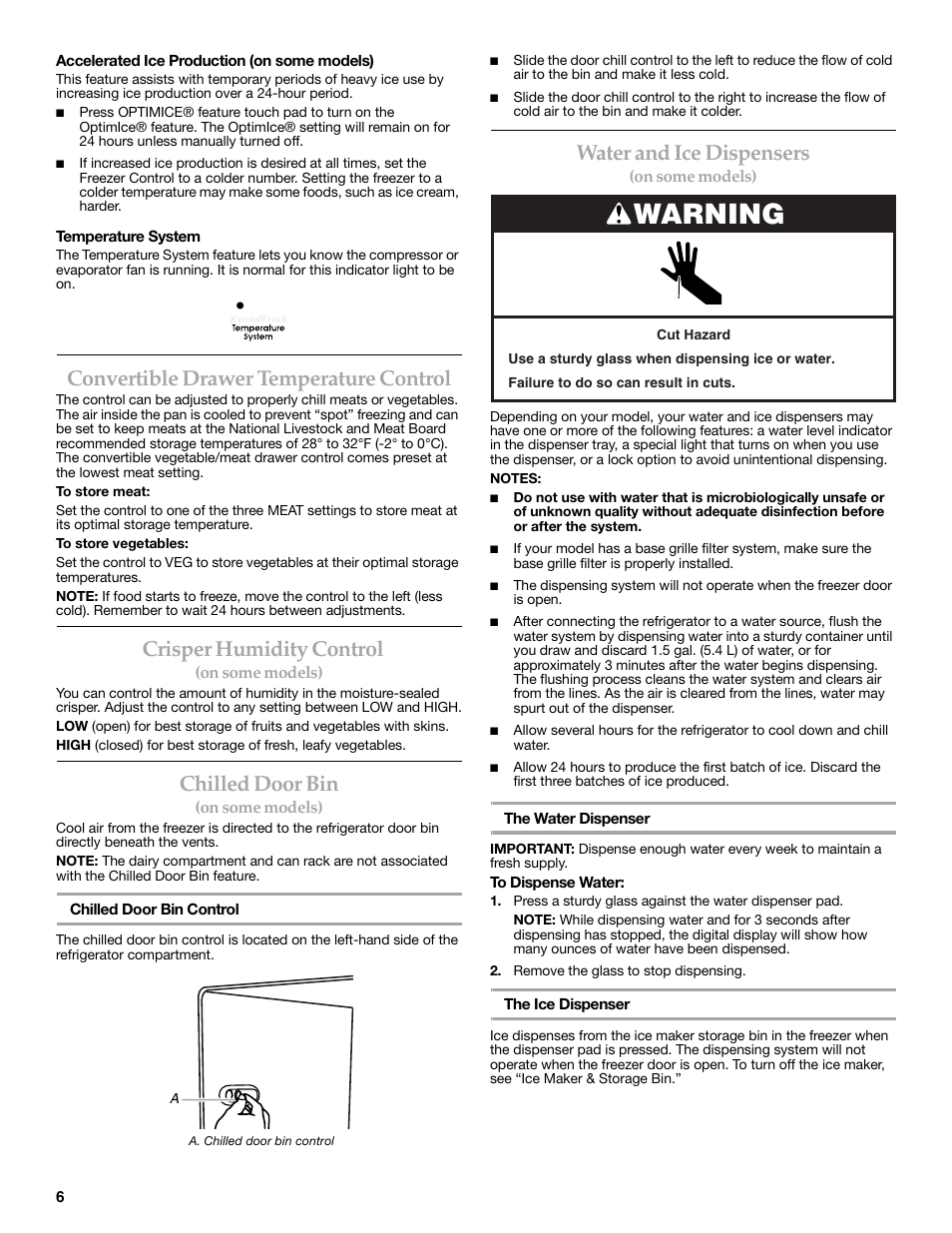 Convertible drawer temperature control, Crisper humidity control, Chilled door bin | Water and ice dispensers, Warning | KITCHENAID 2308392 User Manual | Page 6 / 44