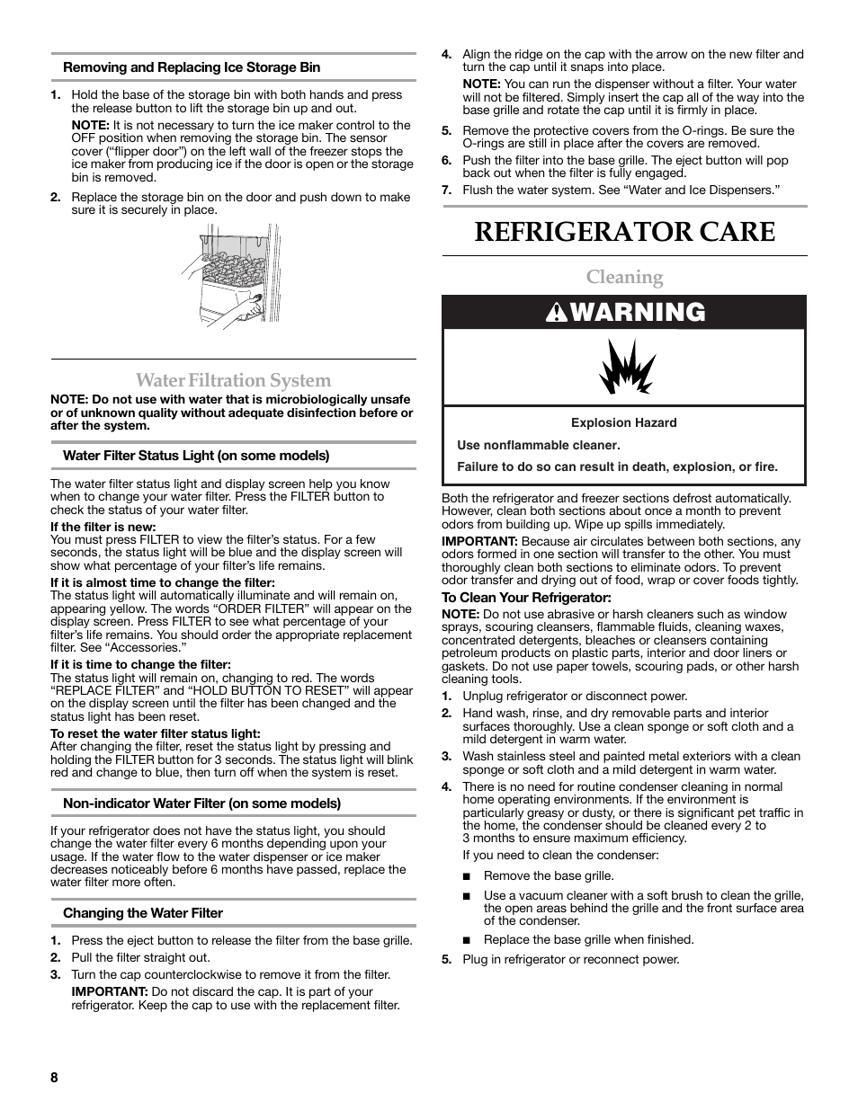 Water filtration system, Refrigerator care, Cleaning | Warning | KITCHENAID 2308392 User Manual | Page 8 / 44