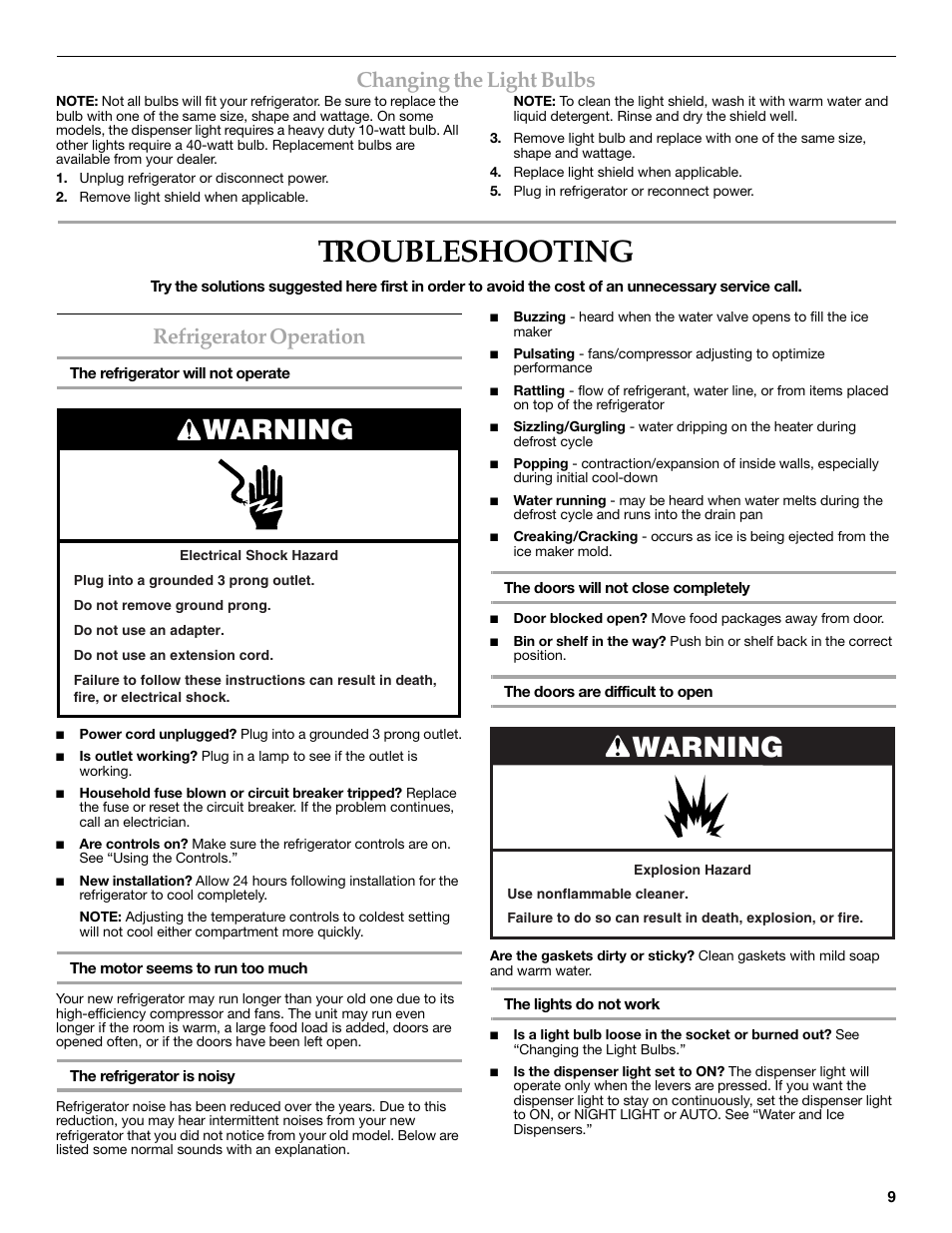 Changing the light bulbs, Troubleshooting, Warning | Refrigerator operation | KITCHENAID 2308392 User Manual | Page 9 / 44