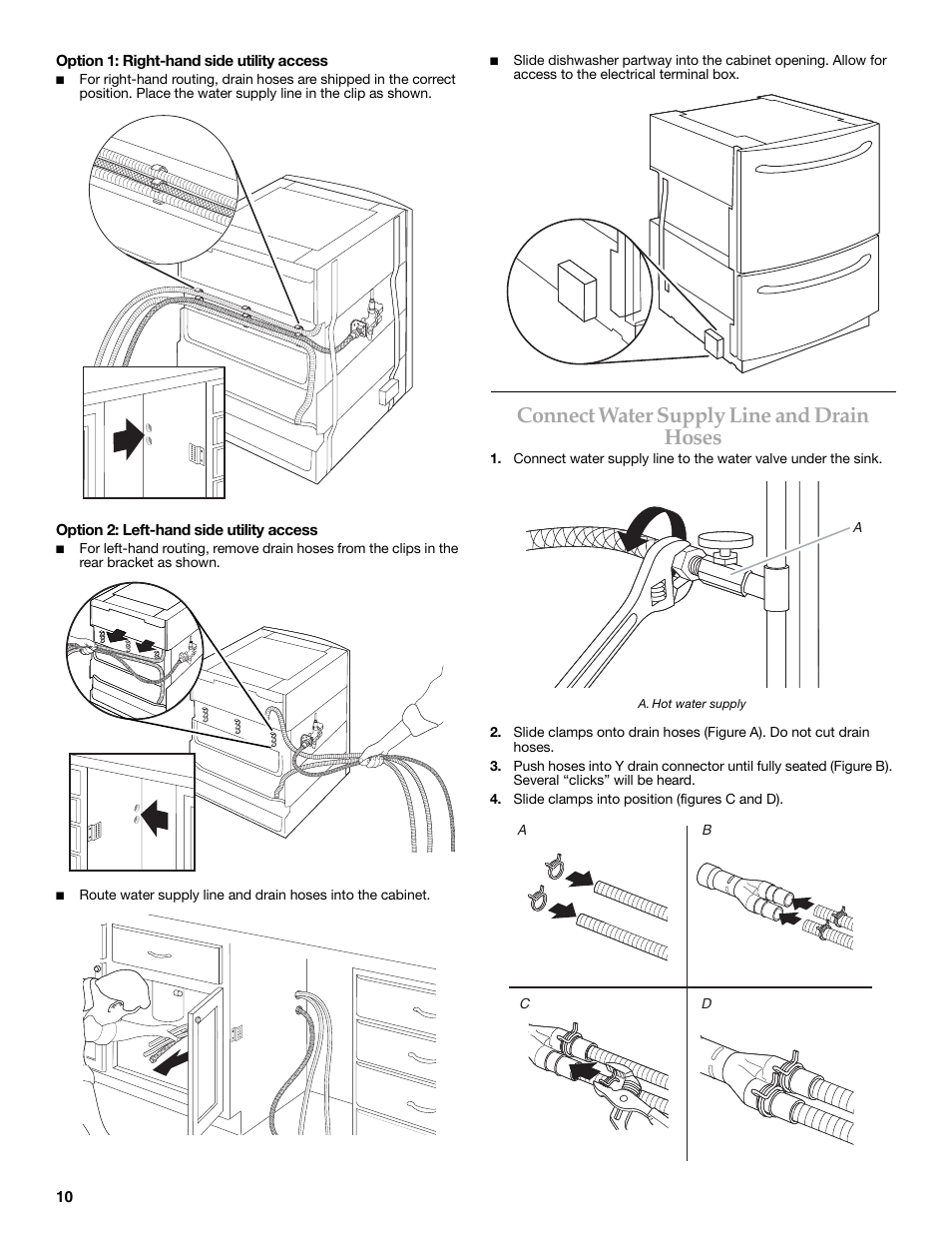 Connect water supply line and drain hoses | KITCHENAID W10216167A User Manual | Page 10 / 50