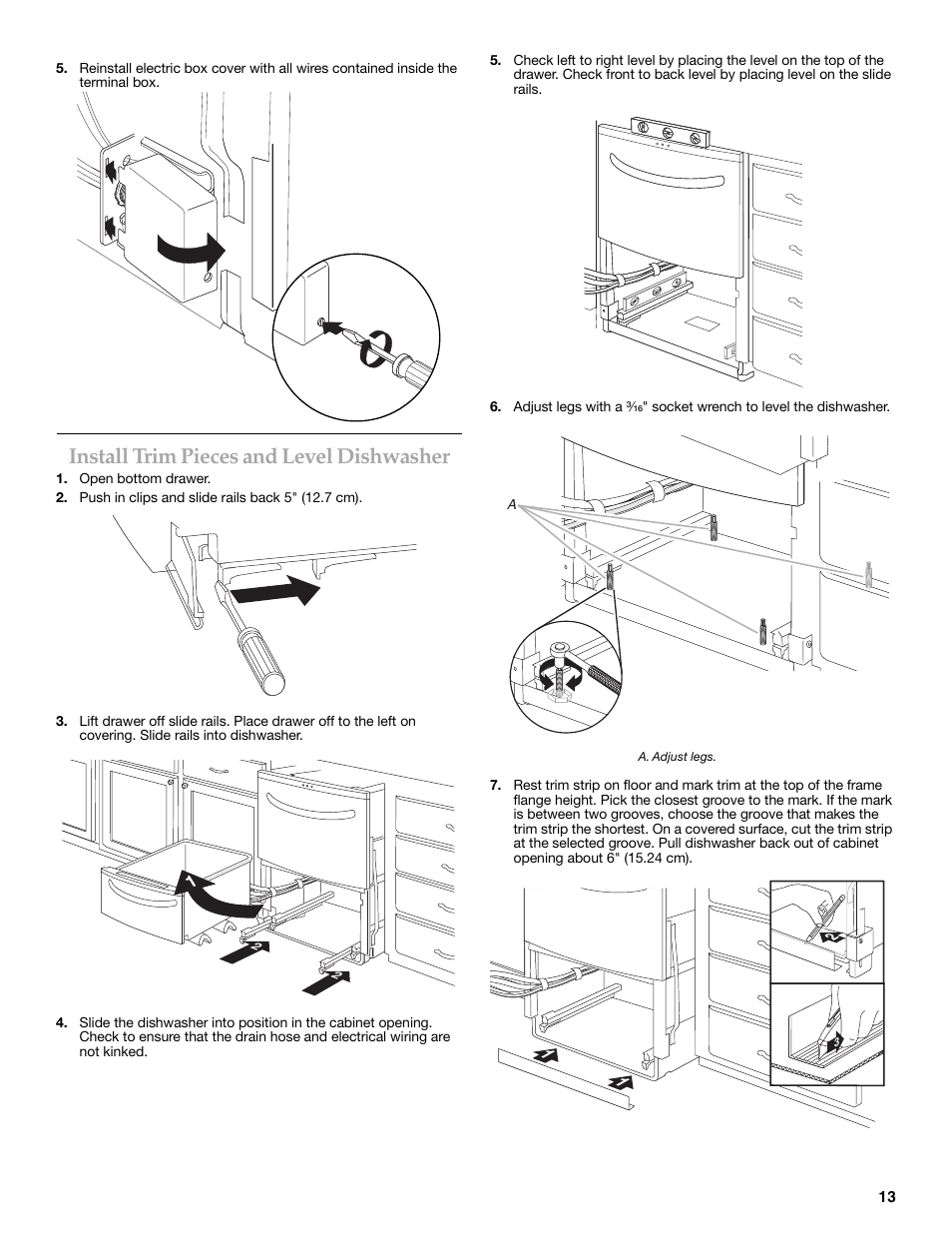 Install trim pieces and level dishwasher | KITCHENAID W10216167A User Manual | Page 13 / 50