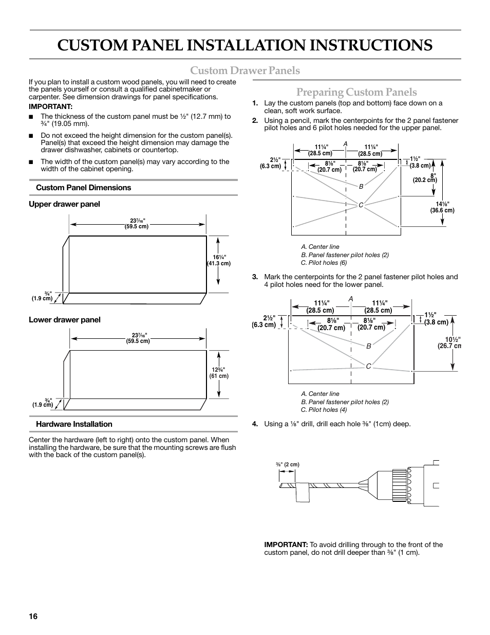 Custom panel installation instructions, Custom drawer panels, Preparing custom panels | KITCHENAID W10216167A User Manual | Page 16 / 50
