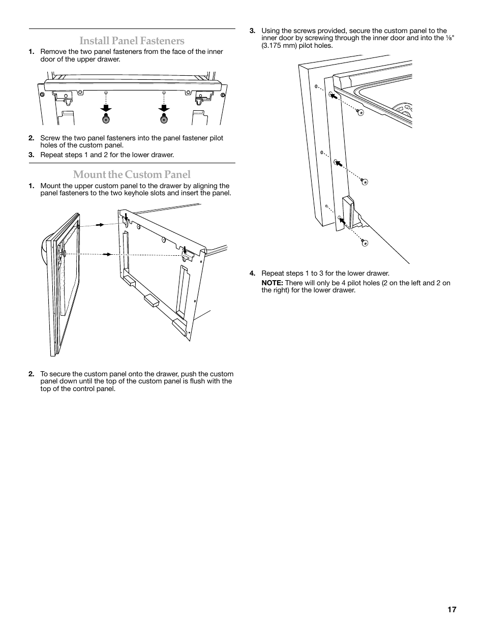Install panel fasteners, Mount the custom panel | KITCHENAID W10216167A User Manual | Page 17 / 50