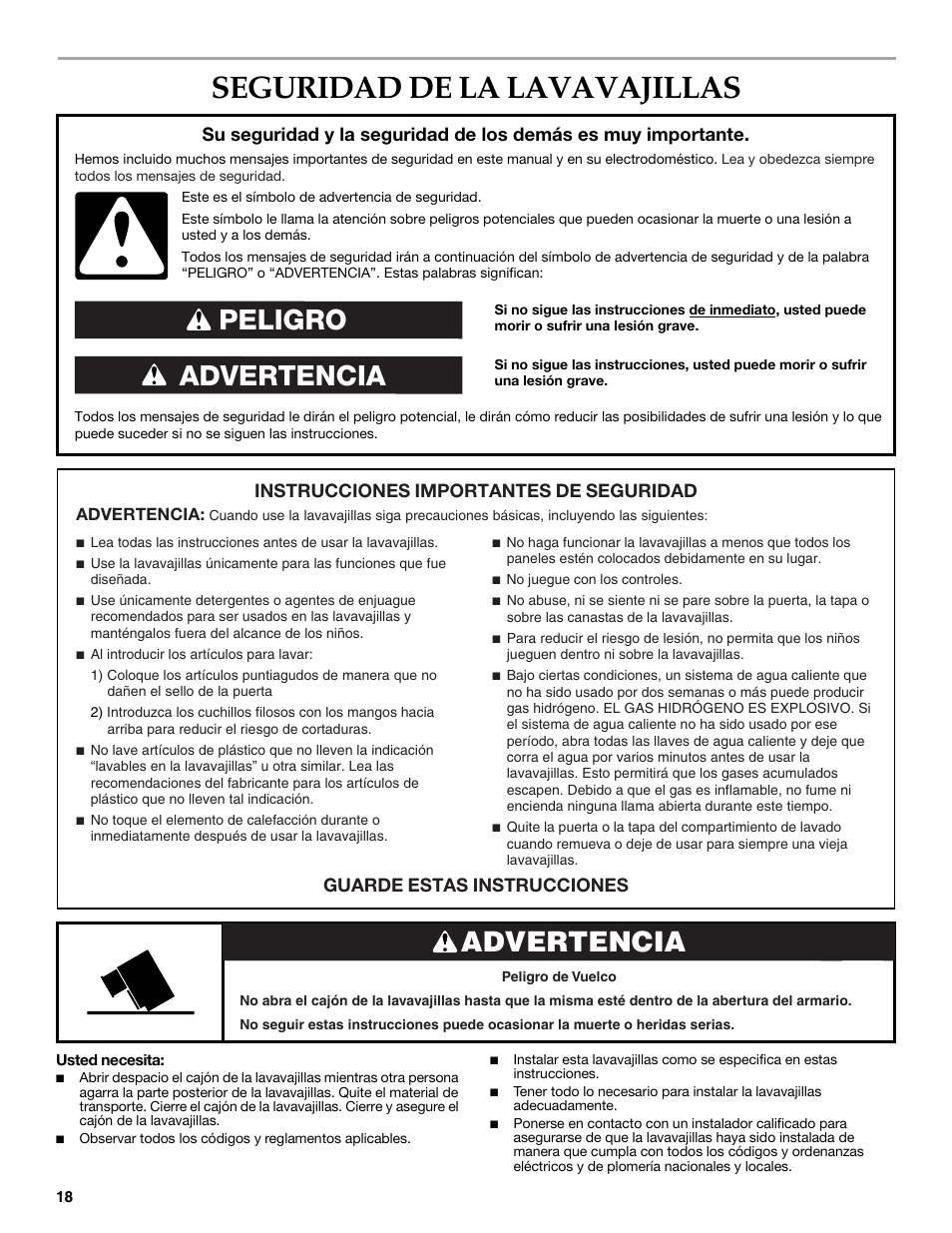 Seguridad de la lavavajillas, Advertencia peligro, Advertencia | Instrucciones importantes de seguridad, Guarde estas instrucciones | KITCHENAID W10216167A User Manual | Page 18 / 50