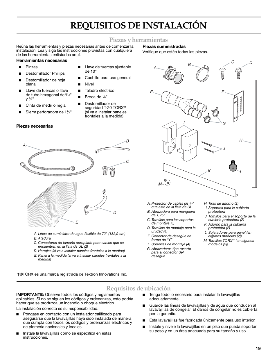 Requisitos de instalación, Piezas y herramientas, Requisitos de ubicación | KITCHENAID W10216167A User Manual | Page 19 / 50