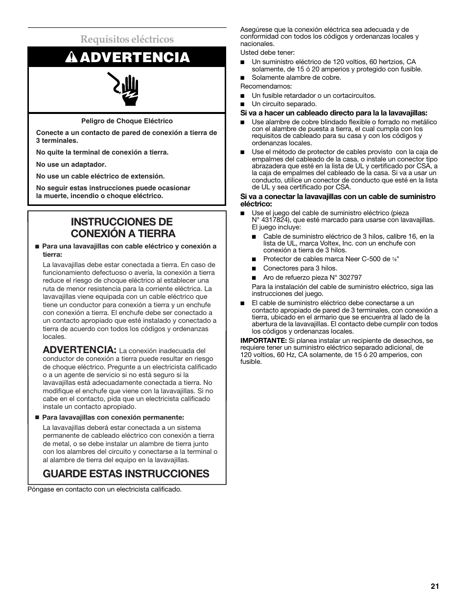 Advertencia, Requisitos eléctricos | KITCHENAID W10216167A User Manual | Page 21 / 50