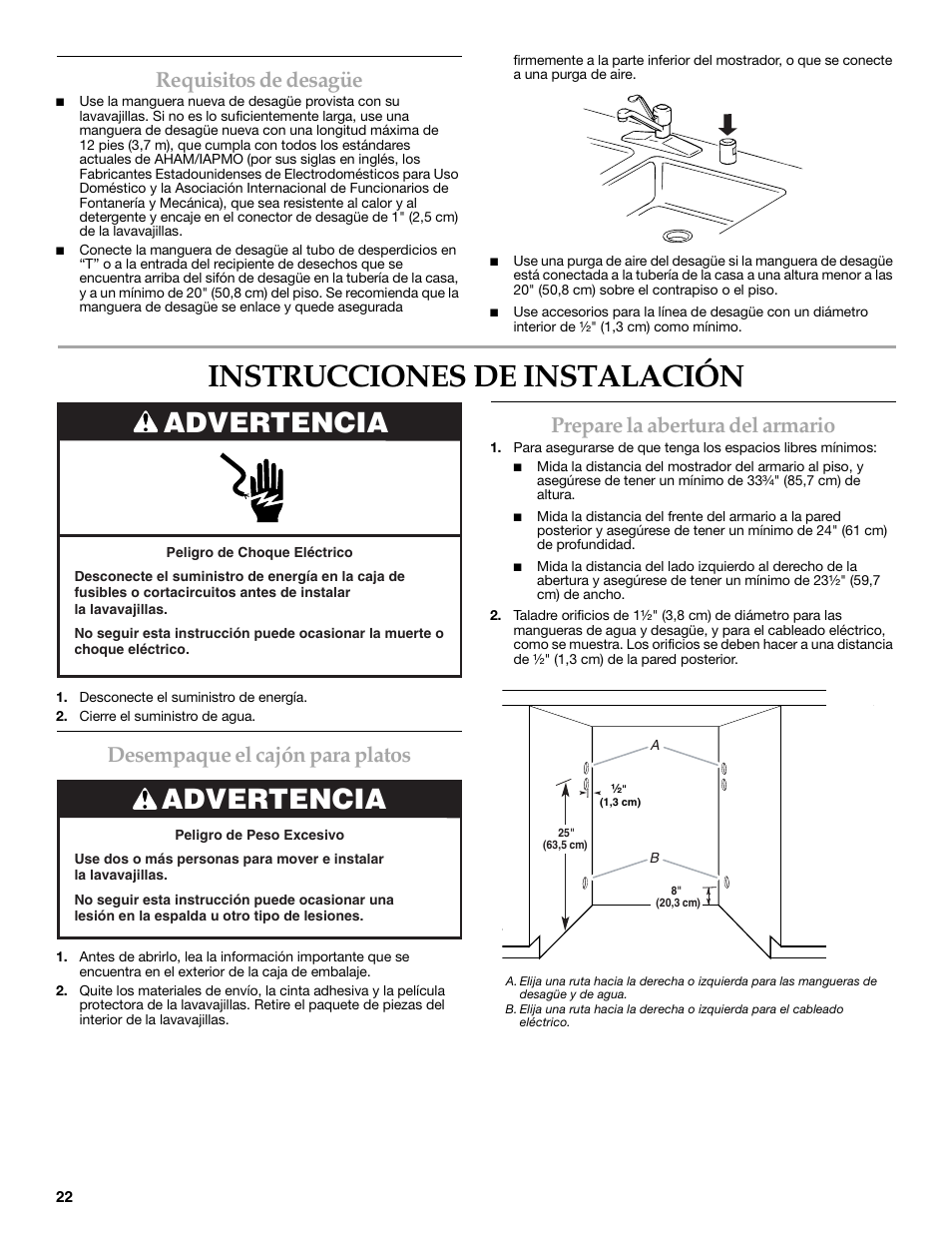 Instrucciones de instalación, Advertencia, Requisitos de desagüe | Desempaque el cajón para platos, Prepare la abertura del armario | KITCHENAID W10216167A User Manual | Page 22 / 50