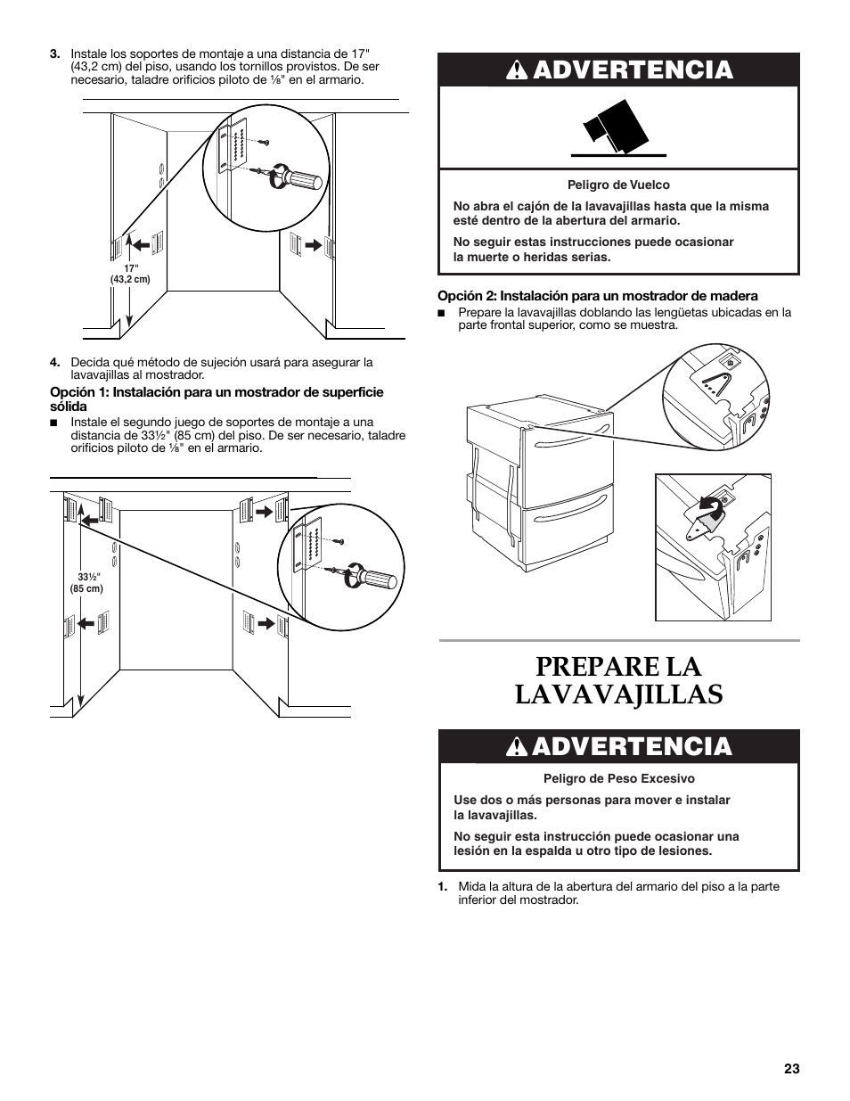 Prepare la lavavajillas, Advertencia | KITCHENAID W10216167A User Manual | Page 23 / 50