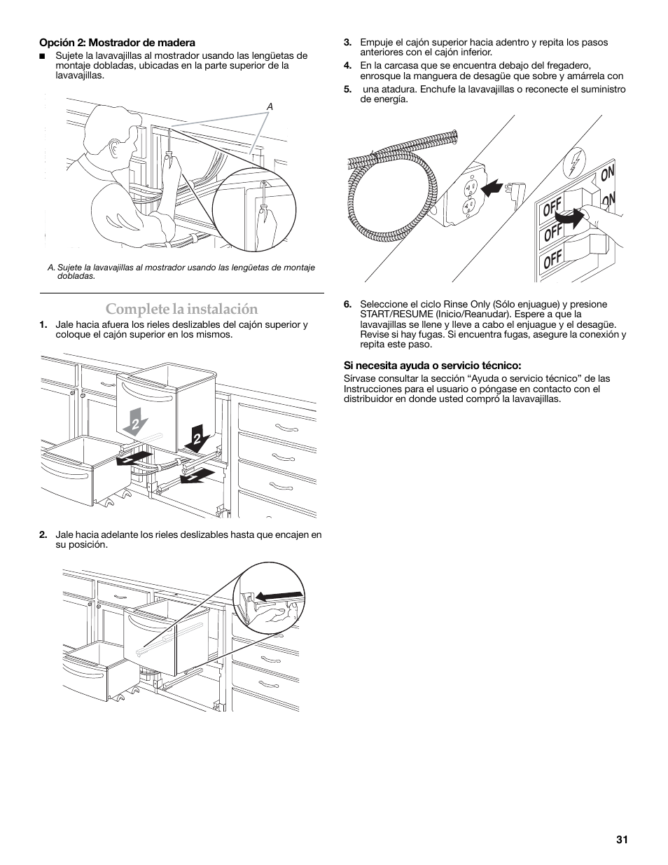 On off on off off, Complete la instalación | KITCHENAID W10216167A User Manual | Page 31 / 50