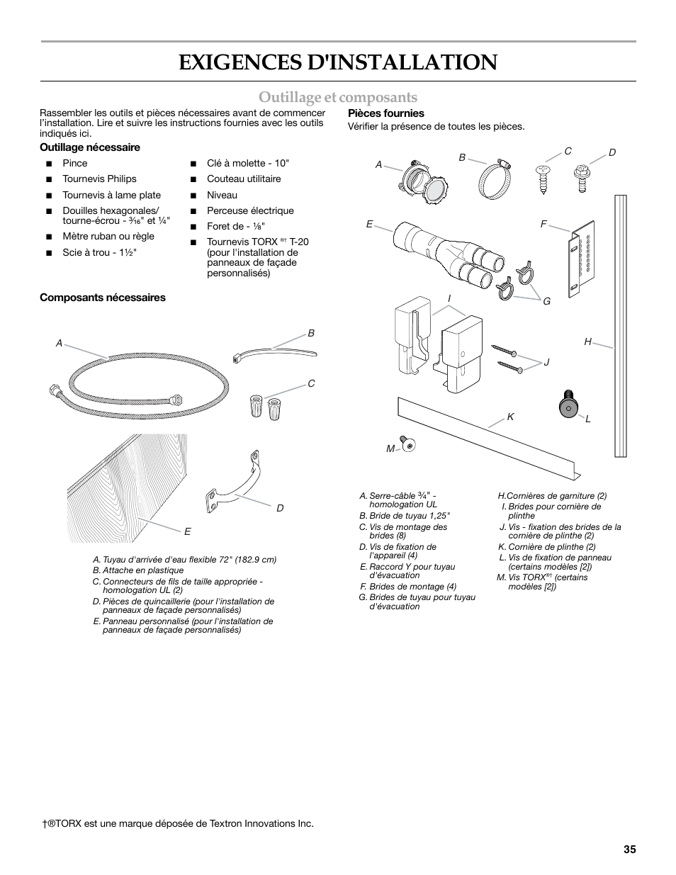 Exigences d'installation, Outillage et composants | KITCHENAID W10216167A User Manual | Page 35 / 50