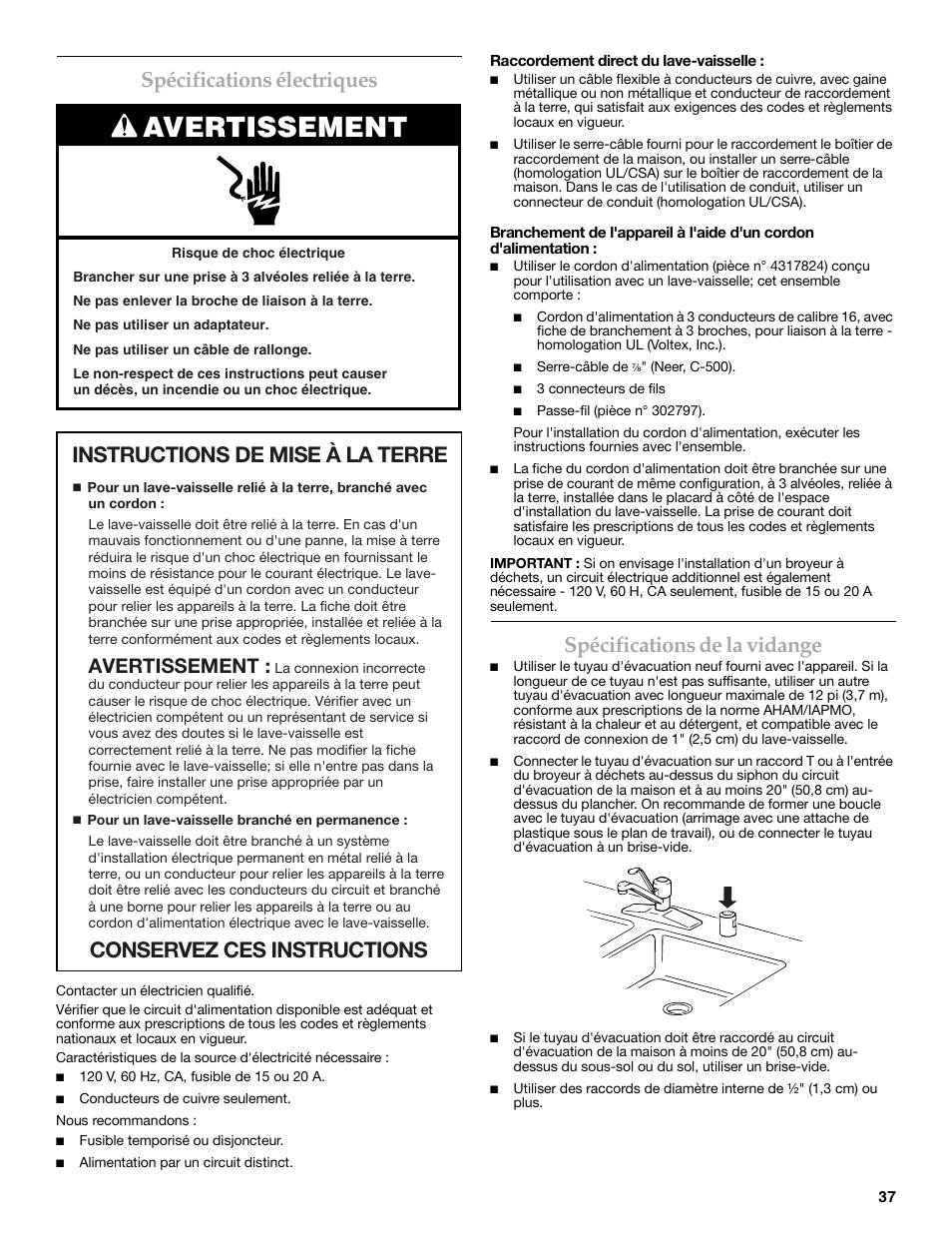 Avertissement, Spécifications électriques, Spécifications de la vidange | KITCHENAID W10216167A User Manual | Page 37 / 50