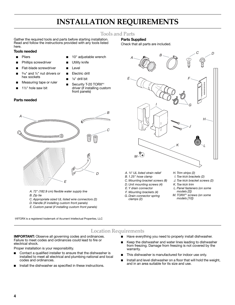 Installation requirements, Tools and parts, Location requirements | KITCHENAID W10216167A User Manual | Page 4 / 50