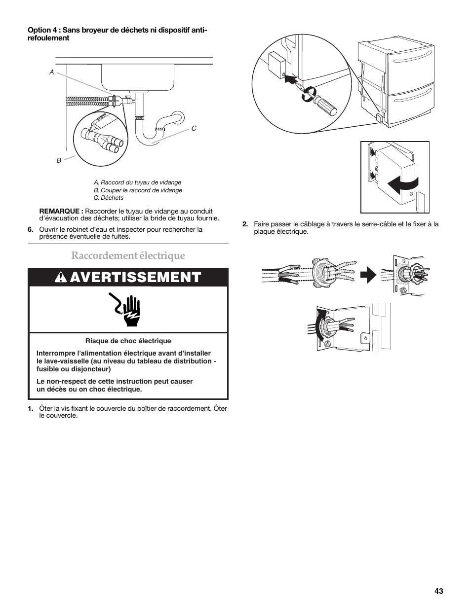 Avertissement, Raccordement électrique | KITCHENAID W10216167A User Manual | Page 43 / 50