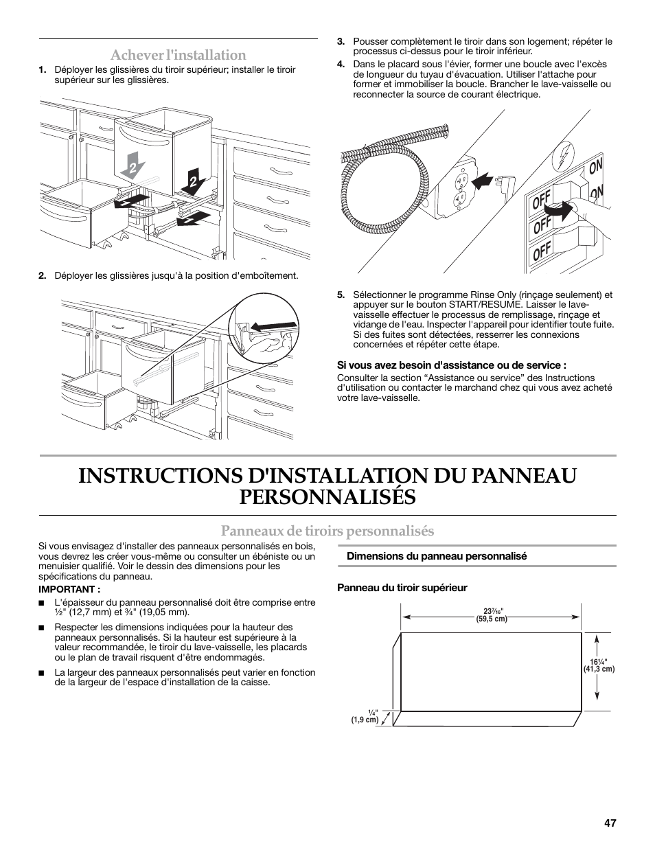 On off on off off, Achever l'installation, Panneaux de tiroirs personnalisés | KITCHENAID W10216167A User Manual | Page 47 / 50