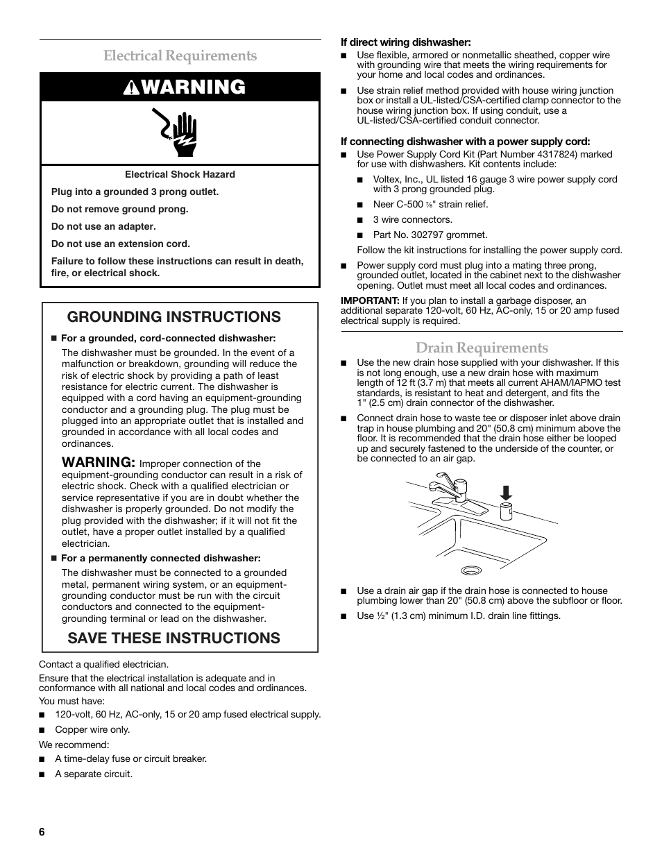 Warning, Electrical requirements, Drain requirements | Grounding instructions save these instructions | KITCHENAID W10216167A User Manual | Page 6 / 50