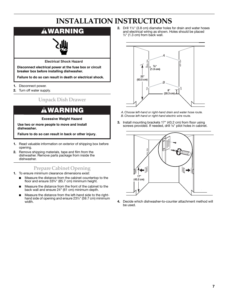 Installation instructions, Warning, Unpack dish drawer | Prepare cabinet opening | KITCHENAID W10216167A User Manual | Page 7 / 50