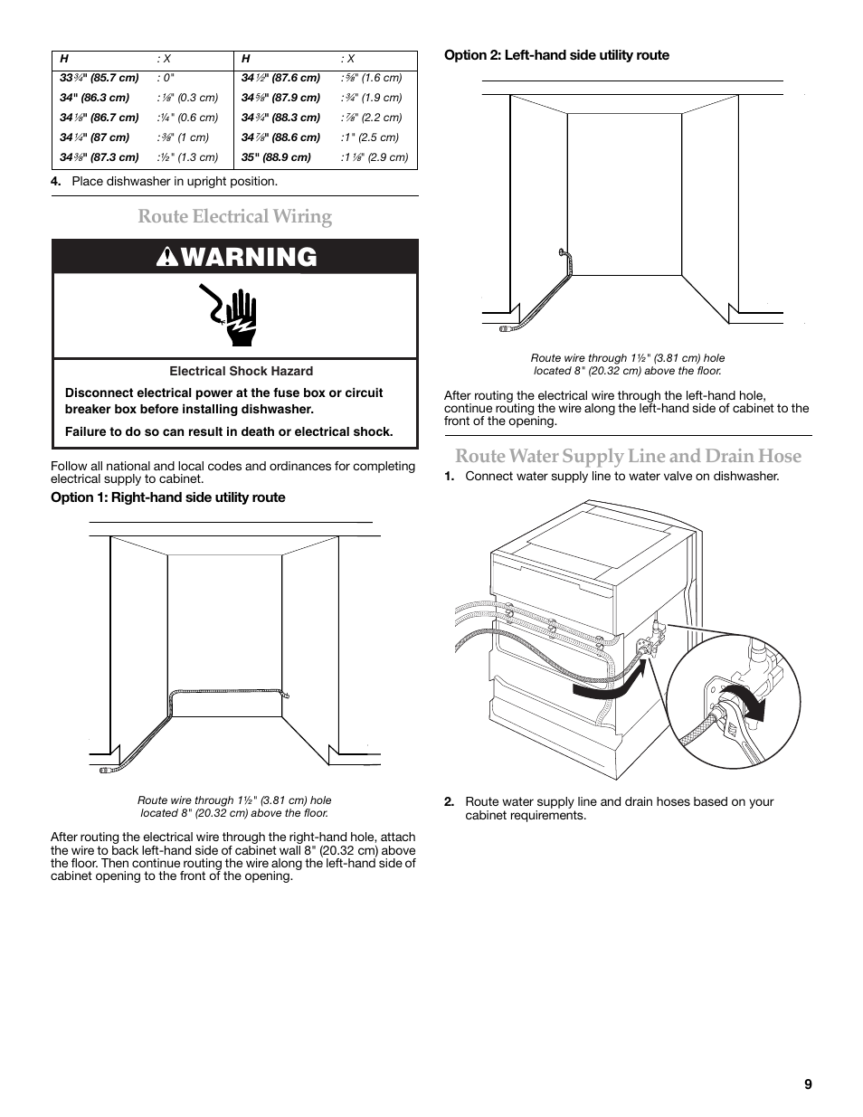Warning, Route electrical wiring, Route water supply line and drain hose | KITCHENAID W10216167A User Manual | Page 9 / 50