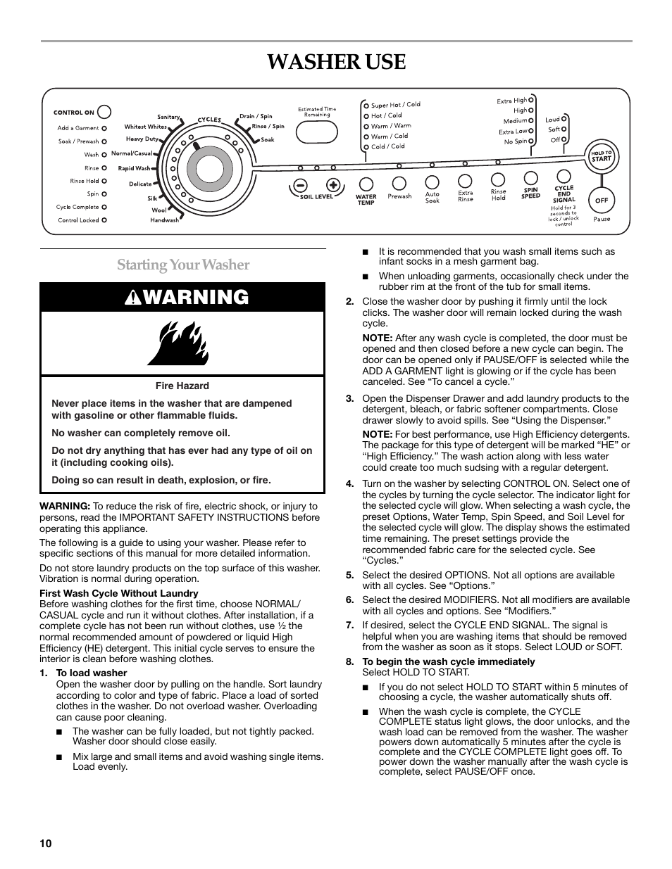 Washer use, Warning, Starting your washer | KITCHENAID FRONT-LOADING AUTOMATIC WASHER User Manual | Page 10 / 64