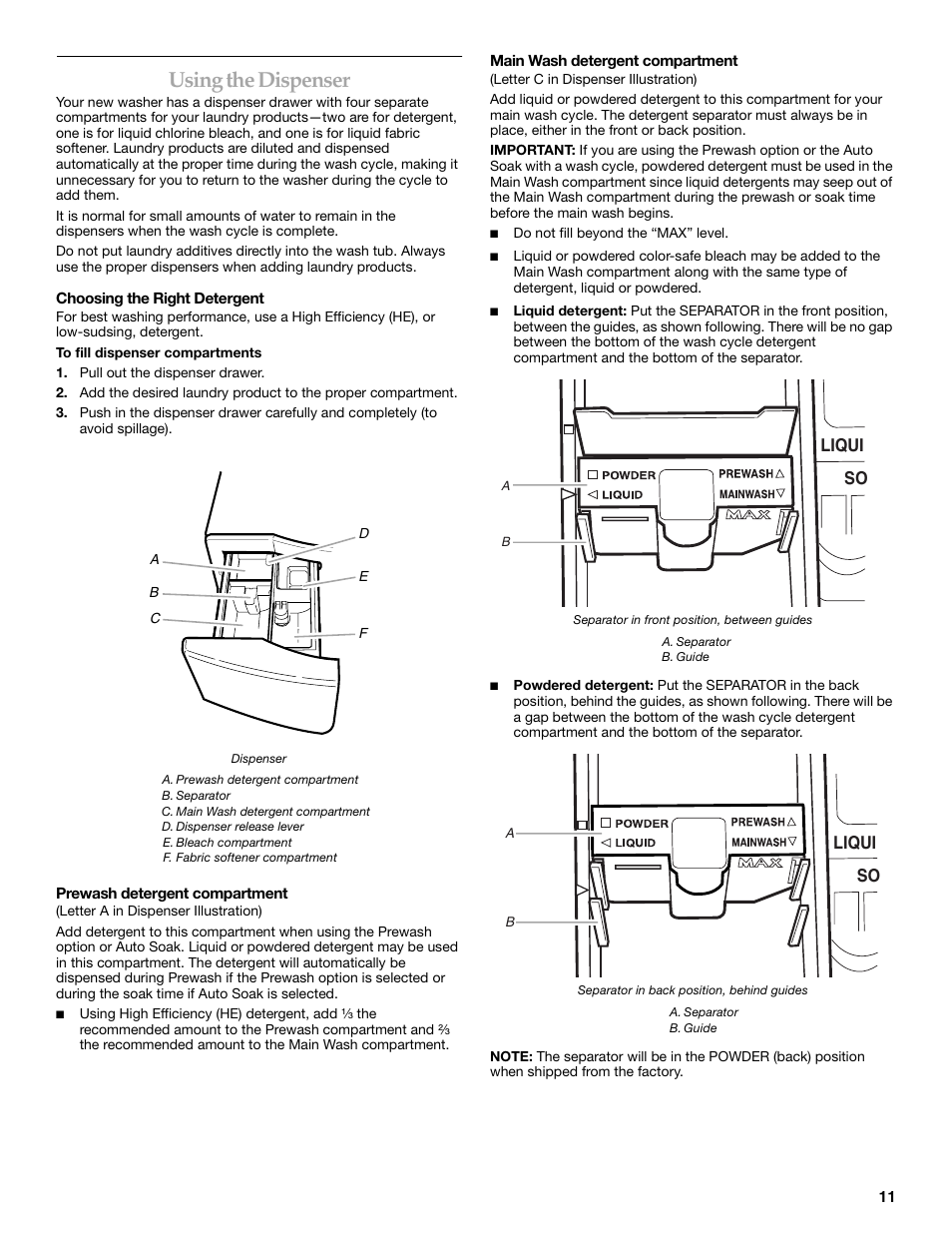Using the dispenser | KITCHENAID FRONT-LOADING AUTOMATIC WASHER User Manual | Page 11 / 64