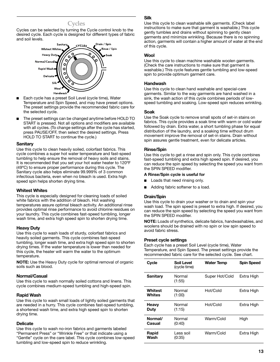 Cycles | KITCHENAID FRONT-LOADING AUTOMATIC WASHER User Manual | Page 13 / 64