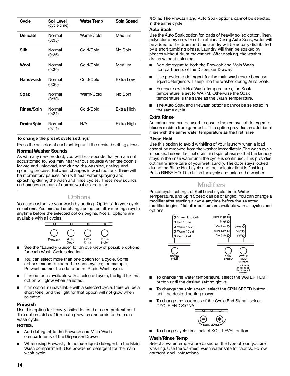 Options, Modifiers | KITCHENAID FRONT-LOADING AUTOMATIC WASHER User Manual | Page 14 / 64