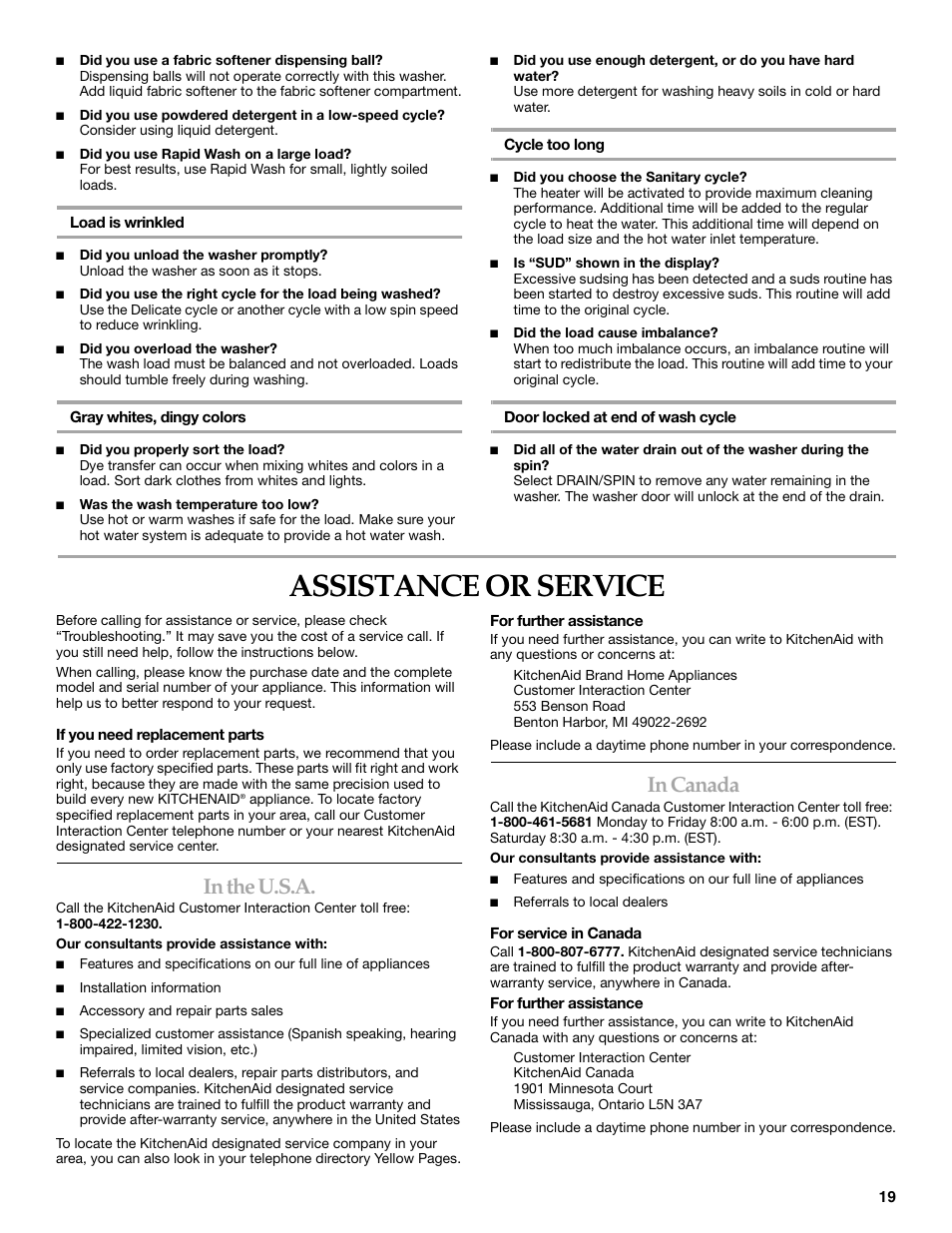 Assistance or service | KITCHENAID FRONT-LOADING AUTOMATIC WASHER User Manual | Page 19 / 64