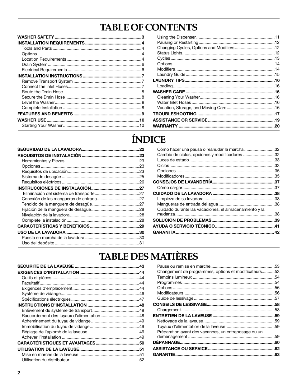 KITCHENAID FRONT-LOADING AUTOMATIC WASHER User Manual | Page 2 / 64