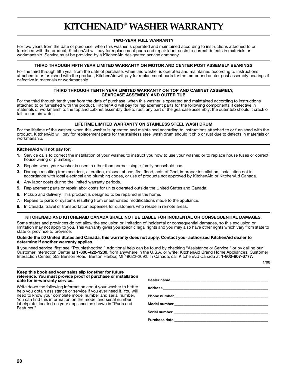 Kitchenaid, Washer warranty | KITCHENAID FRONT-LOADING AUTOMATIC WASHER User Manual | Page 20 / 64