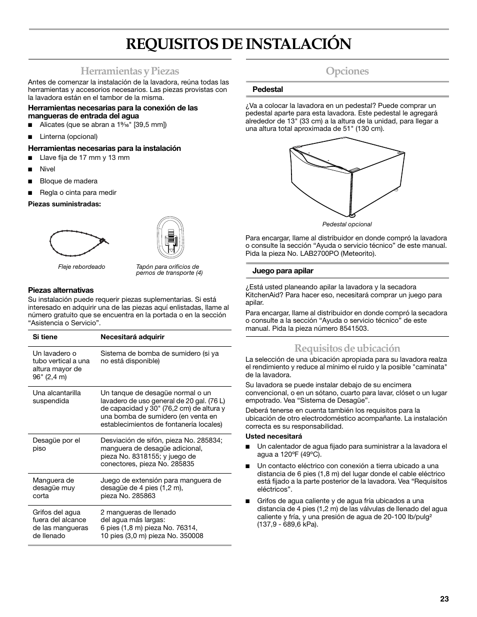 Requisitos de instalación, Herramientas y piezas, Opciones | Requisitos de ubicación | KITCHENAID FRONT-LOADING AUTOMATIC WASHER User Manual | Page 23 / 64