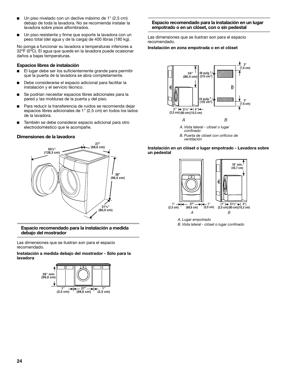 Espacios libres de instalación | KITCHENAID FRONT-LOADING AUTOMATIC WASHER User Manual | Page 24 / 64