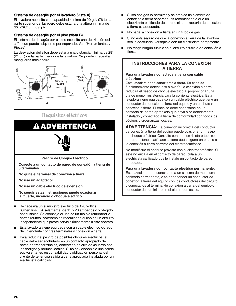 Advertencia, Requisitos eléctricos | KITCHENAID FRONT-LOADING AUTOMATIC WASHER User Manual | Page 26 / 64