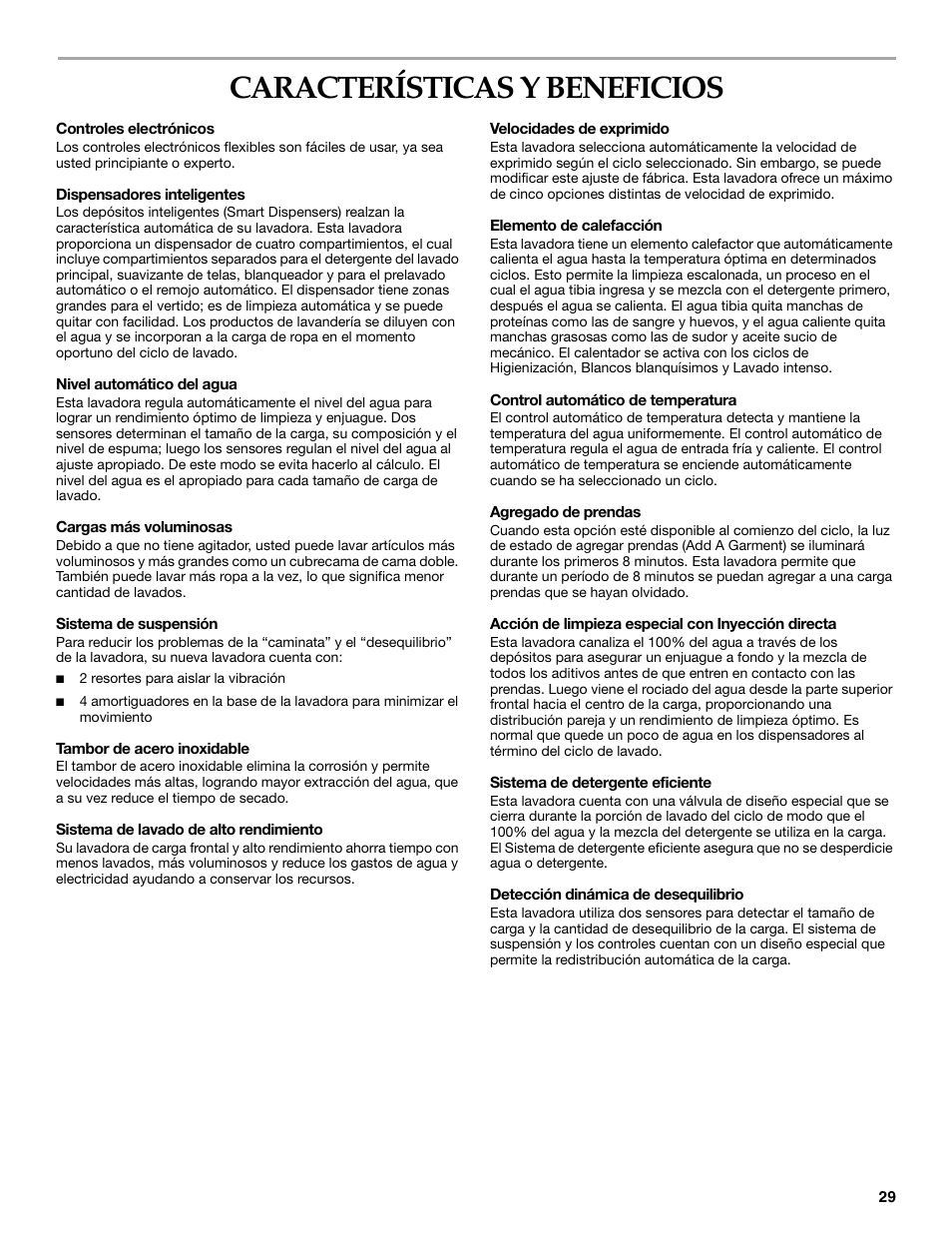 Características y beneficios | KITCHENAID FRONT-LOADING AUTOMATIC WASHER User Manual | Page 29 / 64