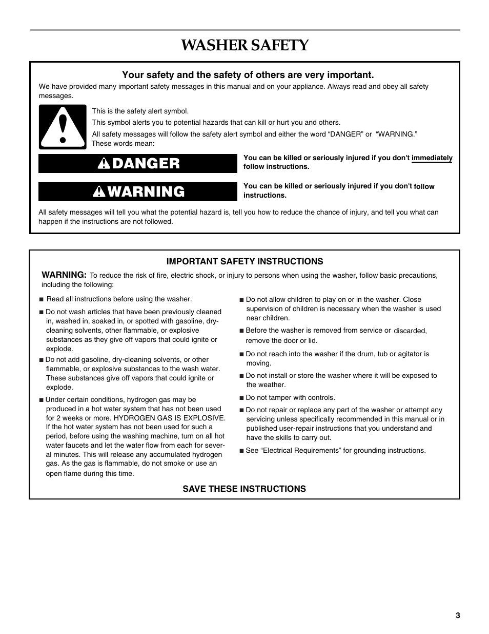 Washer safety, Danger warning | KITCHENAID FRONT-LOADING AUTOMATIC WASHER User Manual | Page 3 / 64