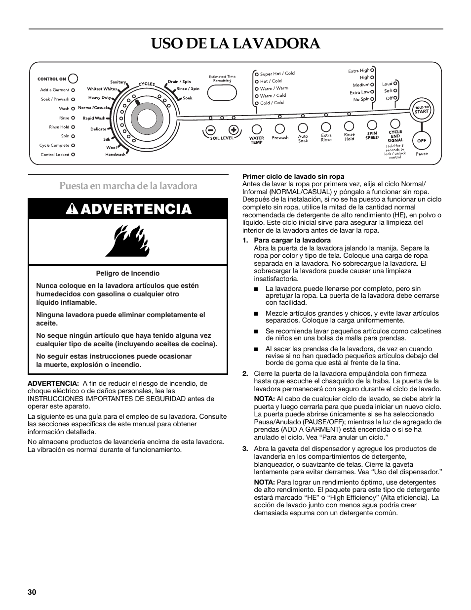 Uso de la lavadora, Advertencia, Puesta en marcha de la lavadora | KITCHENAID FRONT-LOADING AUTOMATIC WASHER User Manual | Page 30 / 64