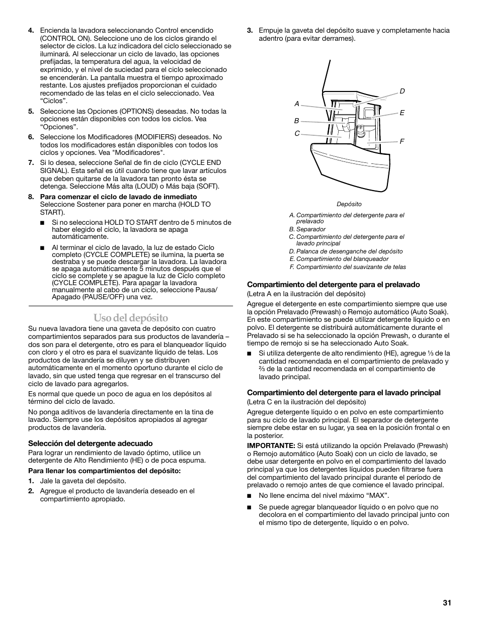 Uso del depósito | KITCHENAID FRONT-LOADING AUTOMATIC WASHER User Manual | Page 31 / 64