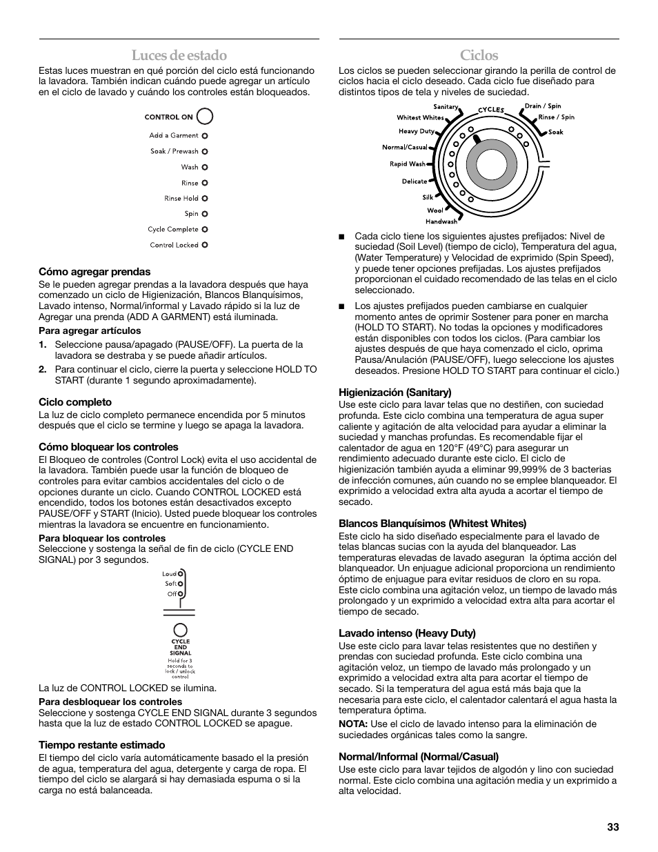 Luces de estado, Ciclos | KITCHENAID FRONT-LOADING AUTOMATIC WASHER User Manual | Page 33 / 64