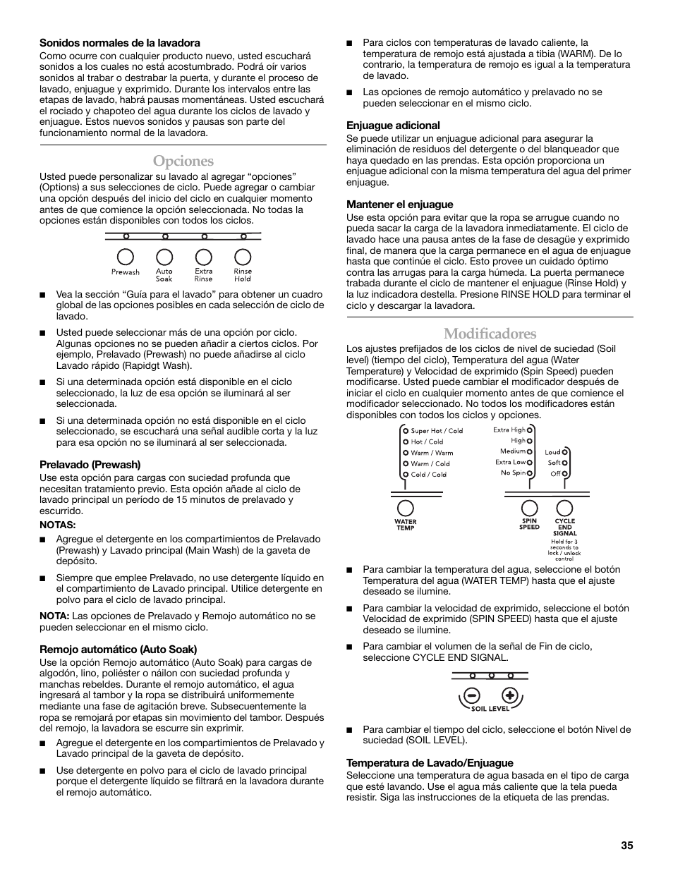 Opciones, Modificadores | KITCHENAID FRONT-LOADING AUTOMATIC WASHER User Manual | Page 35 / 64