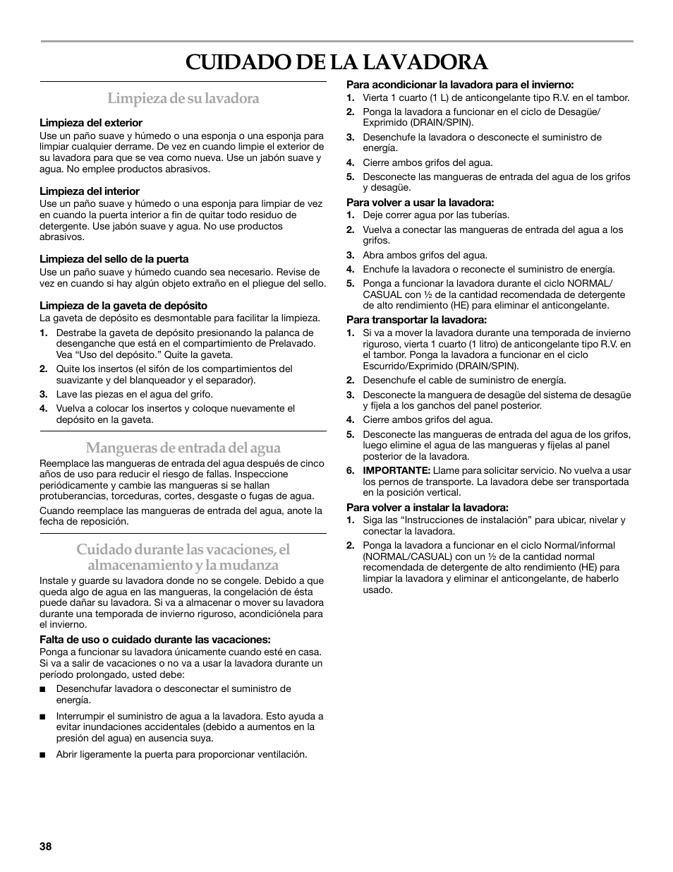 Cuidado de la lavadora, Limpieza de su lavadora, Mangueras de entrada del agua | KITCHENAID FRONT-LOADING AUTOMATIC WASHER User Manual | Page 38 / 64