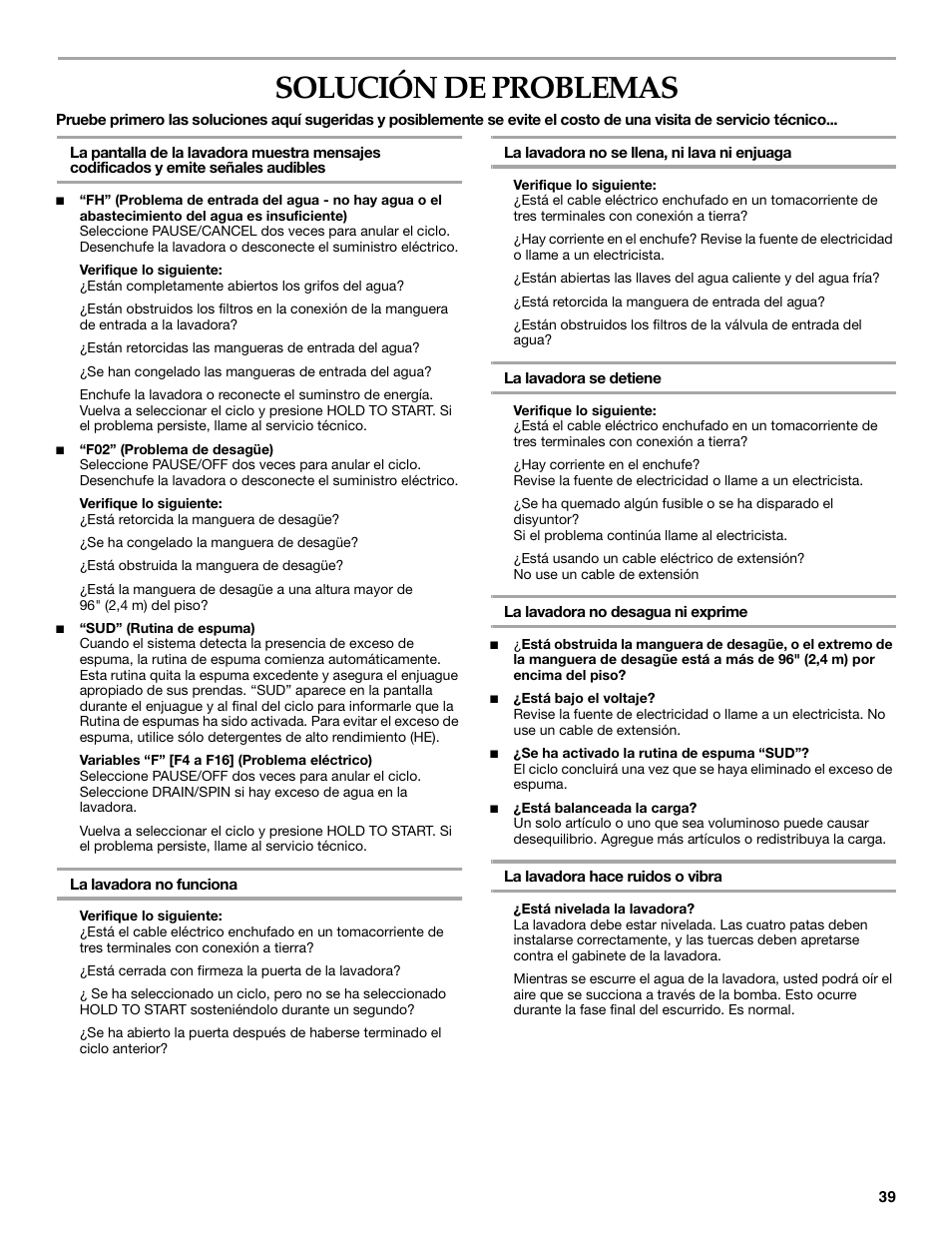 Solución de problemas | KITCHENAID FRONT-LOADING AUTOMATIC WASHER User Manual | Page 39 / 64