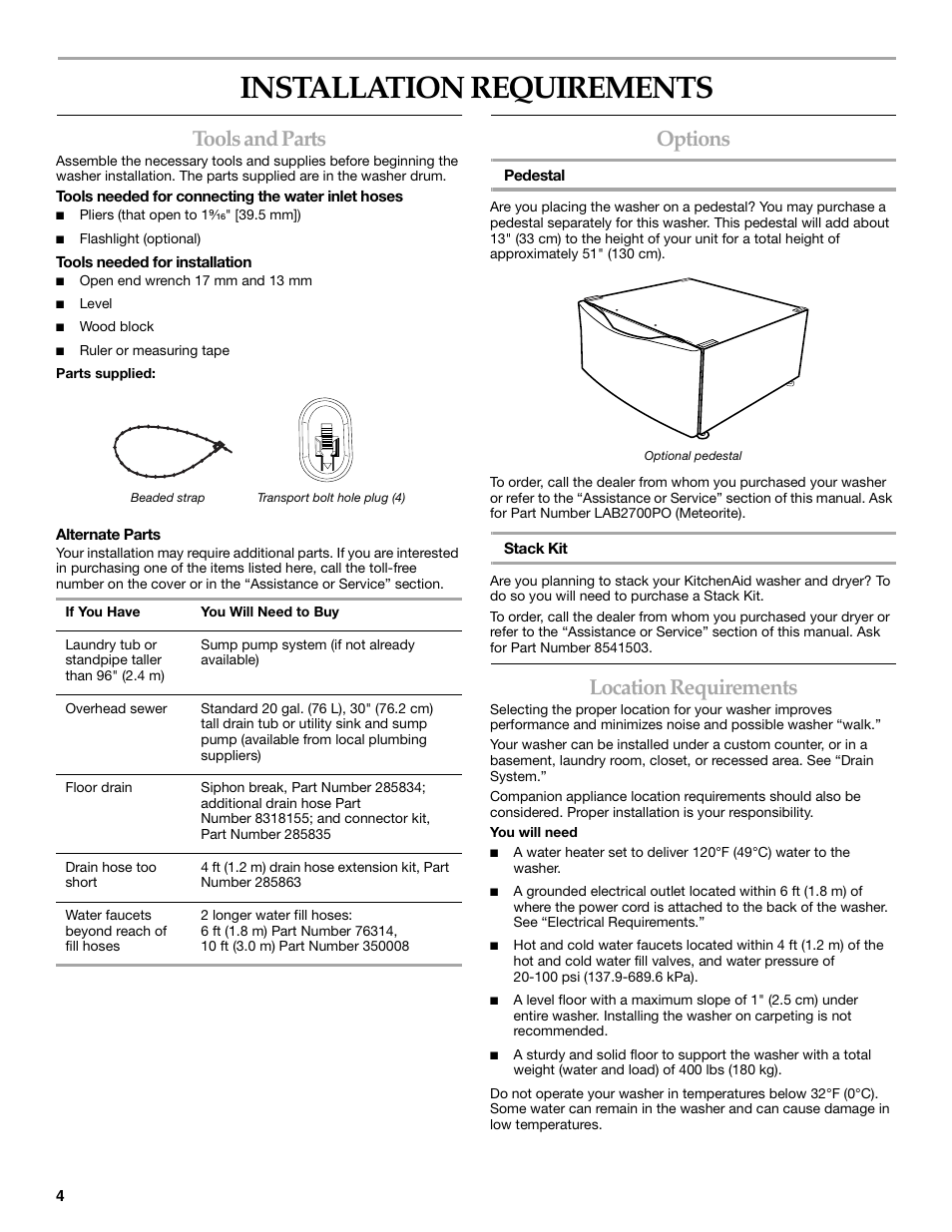 Installation requirements, Tools and parts, Options | Location requirements | KITCHENAID FRONT-LOADING AUTOMATIC WASHER User Manual | Page 4 / 64
