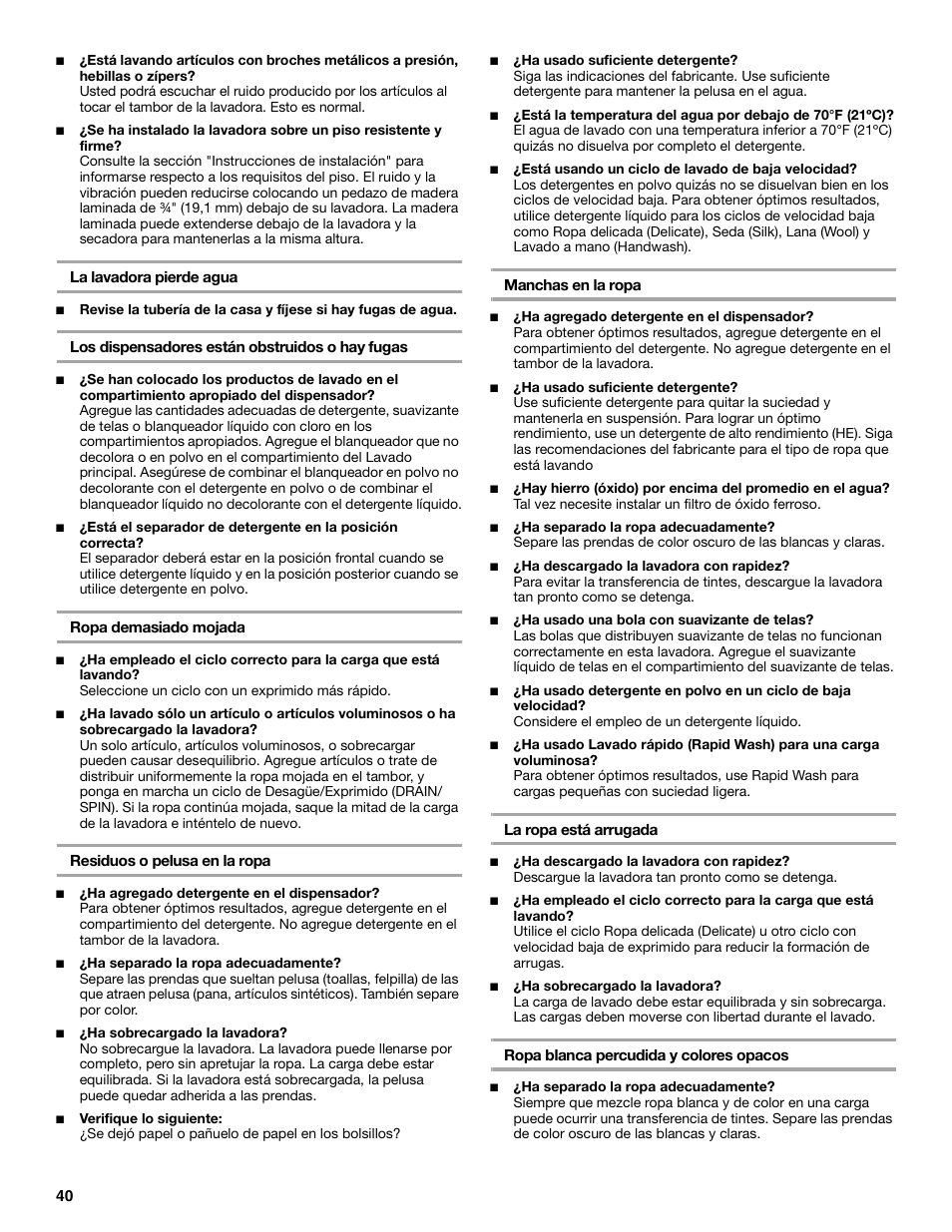 KITCHENAID FRONT-LOADING AUTOMATIC WASHER User Manual | Page 40 / 64